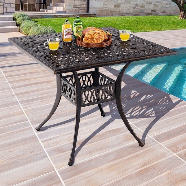 Gymax 35.4'' Patio Square Dining Table Cast Aluminum Umbrella Hole