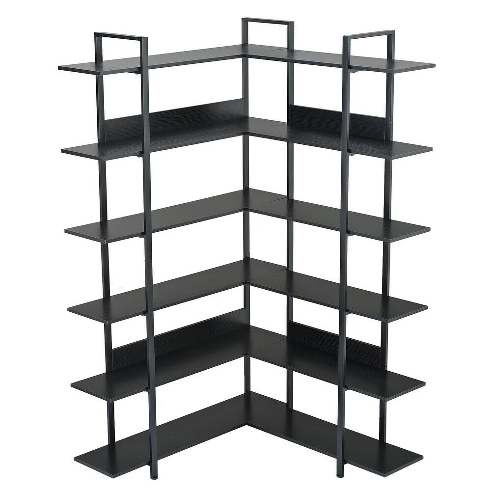 74.8 Inch Bookshelf L shape Stainless Steel Frame Corner 6 tier Shelves Adjustable Foot Pads