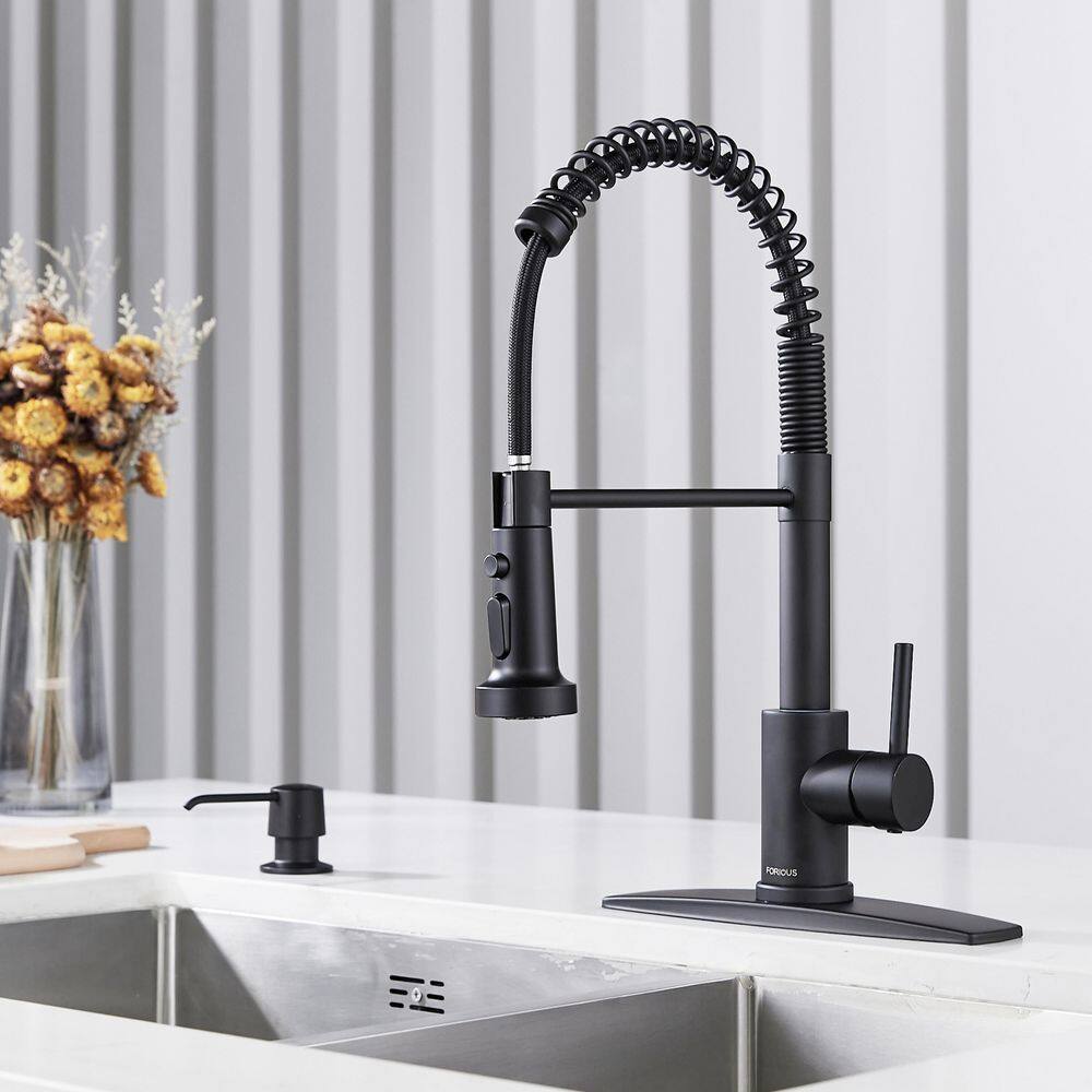 FORIOUS Single Spring Handle Kitchen Faucet with Pull Down Sprayer Kitchen Sink Faucet with Deck Plate in Matte Black HH51000B