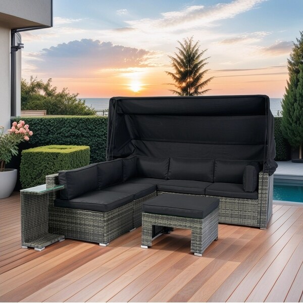 7Piece Patio Furniture Set，Retractable Canopy Rattan Sofa Set