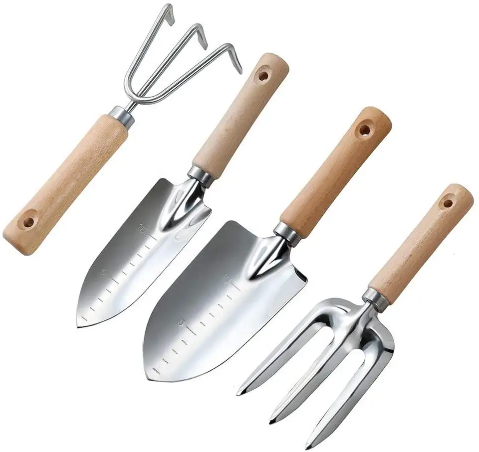 4 Pieces Garden Hand Tools Kit with Wooden Handle