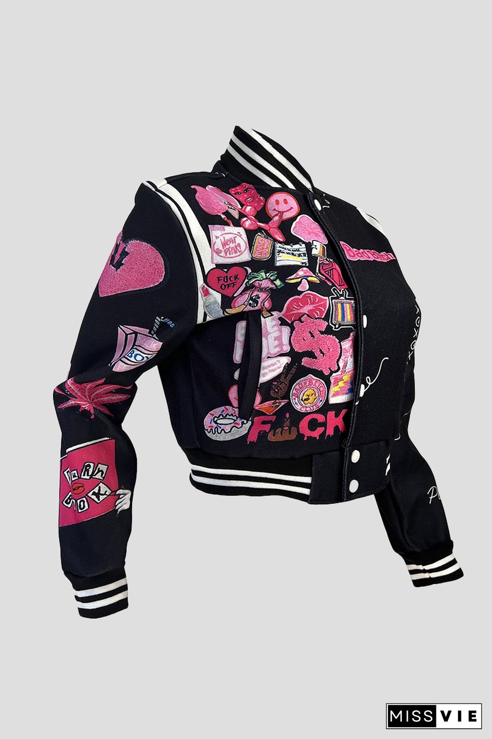 Letter & Graphic Print Snap Button Bomber Jacket