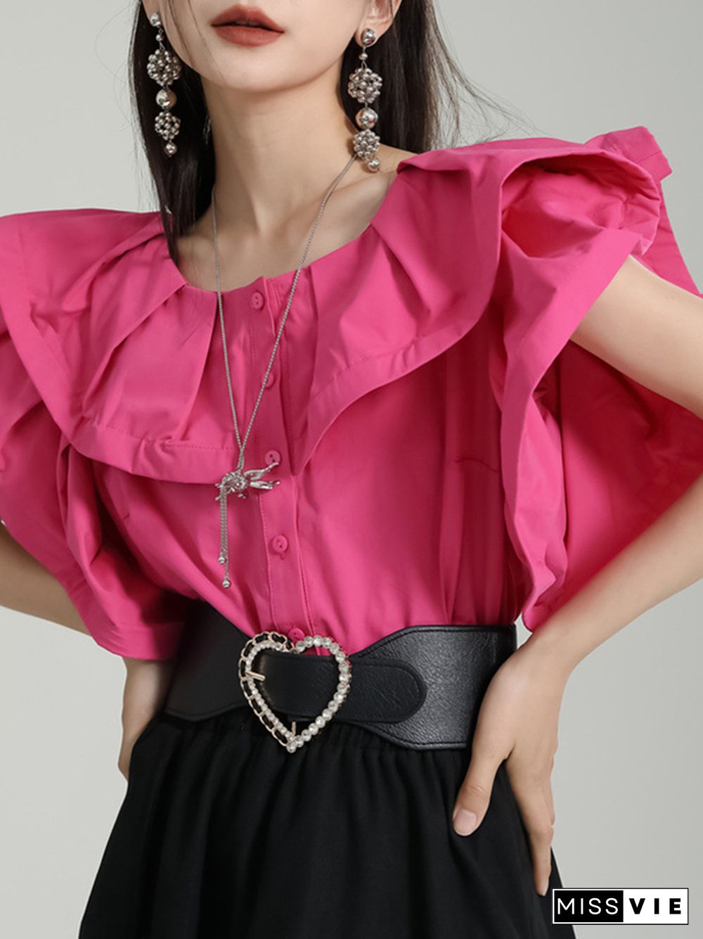 Loose Short Sleeves Falbala Pleated Solid Color Split-Joint Round-Neck Blouses