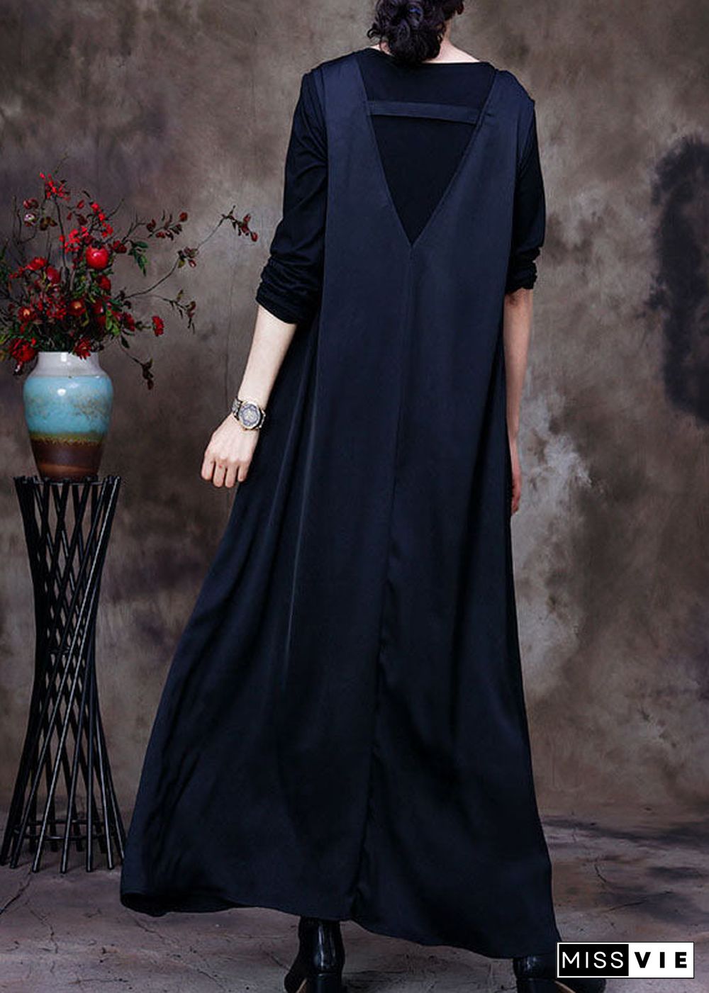 Fashion Black V Neck pockets Silk Maxi Dresses Sleeveless