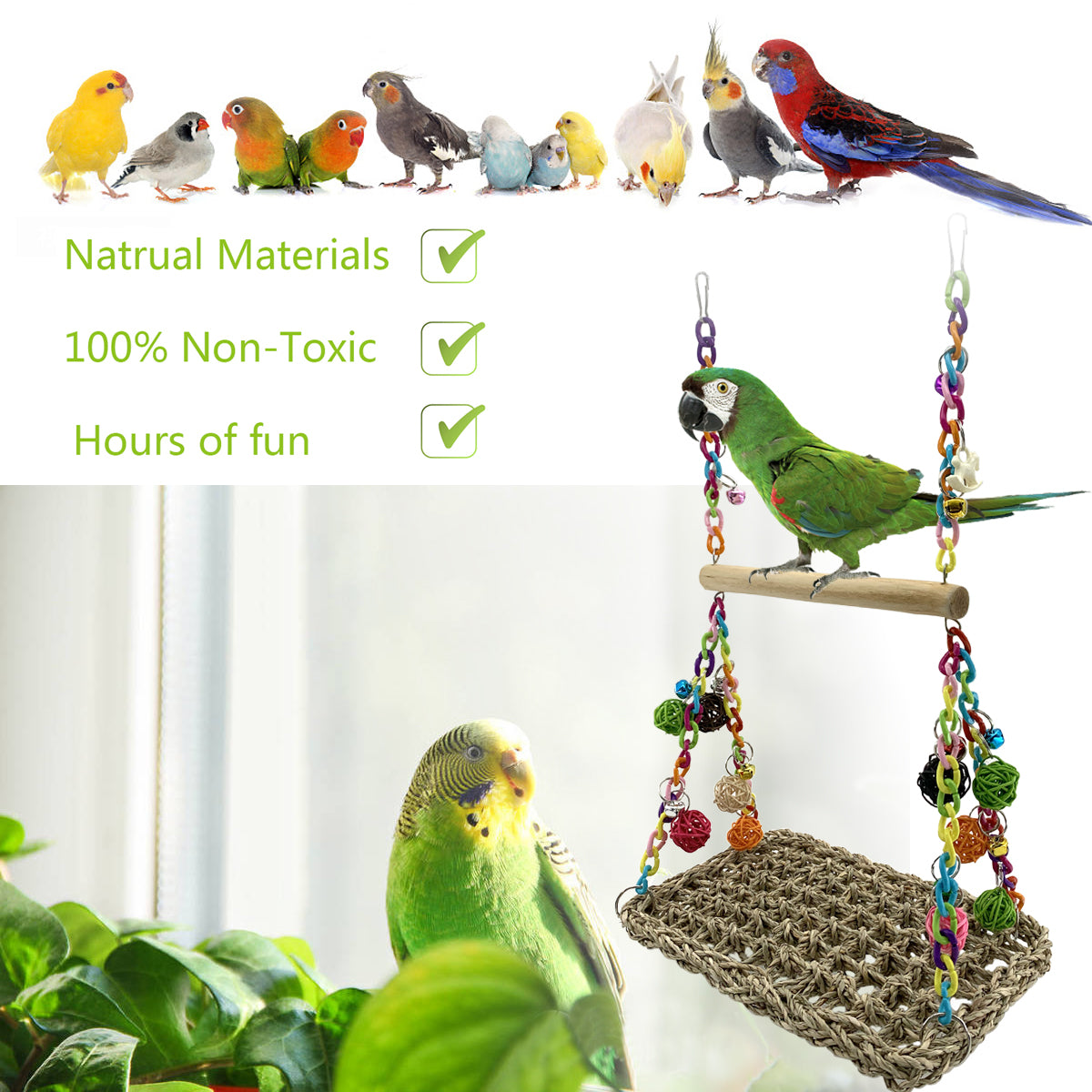 Bird Seagrass Swing Toys with Wood Perch Bird Parrot Trapeze Swing Seagrass Bird Climbing Hammock Bird Perch Stand Chewing Toy for Lovebird， Cockatiel， Budgie， Conure Parrotlet， Parakeets