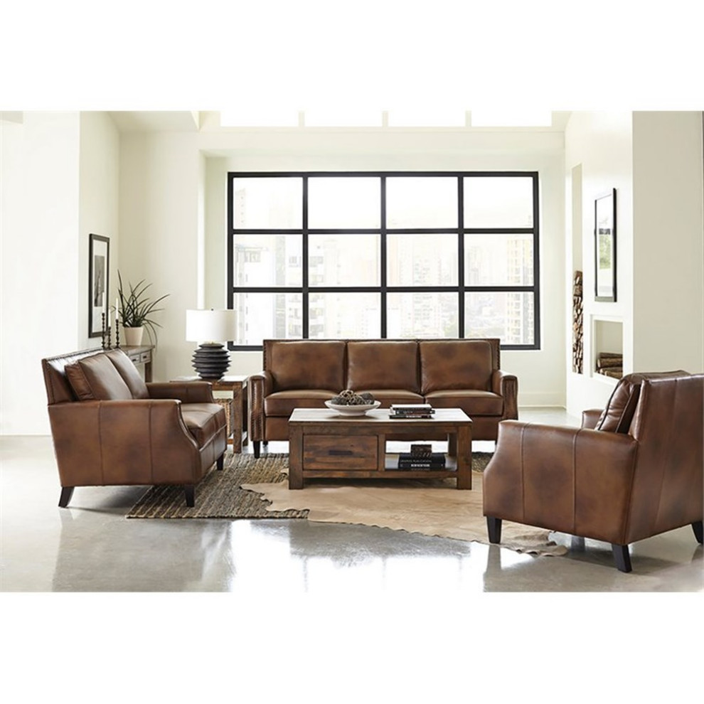 Coaster Farmhouse Leather Upholstered Recessed Arm Chair in Brown   Transitional   Armchairs And Accent Chairs   by Homesquare  Houzz