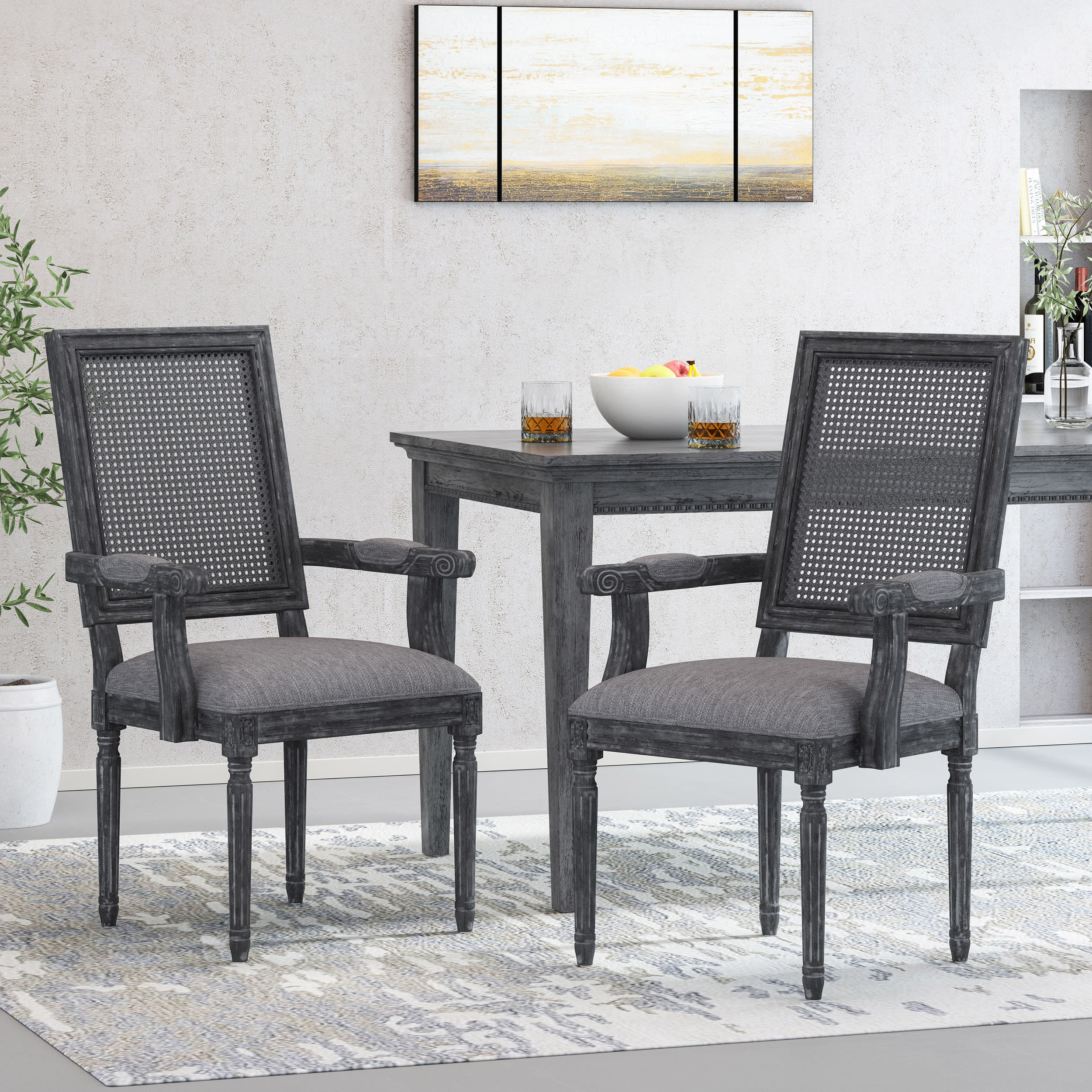 Zentner French Country Upholstered Wood and Cane Upholstered Dining Chairs, Set of 2