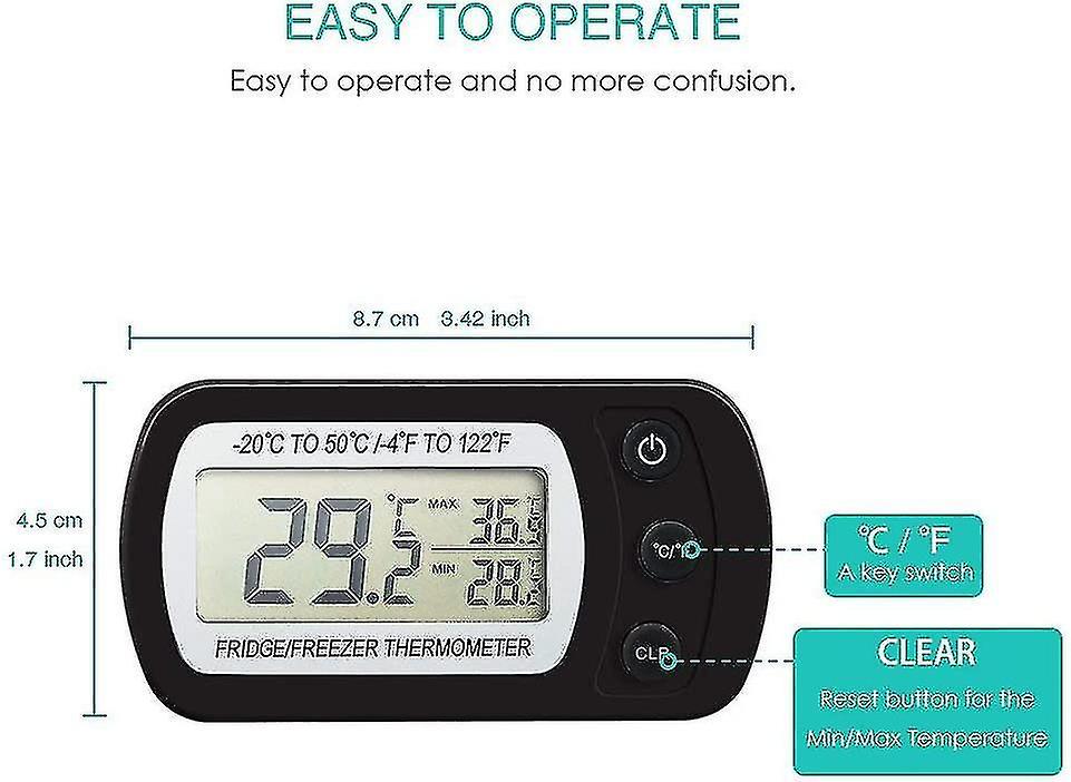 Digital Fridge Thermometer， Waterproof Freezer Thermometer With Hook， Easy To Read Lcd Display， Max/