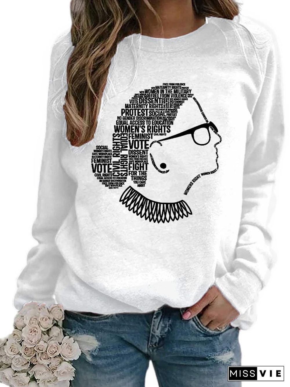 RBG Monogram Print Round Neck Long Sleeve Knitted Shift Sweatshirts