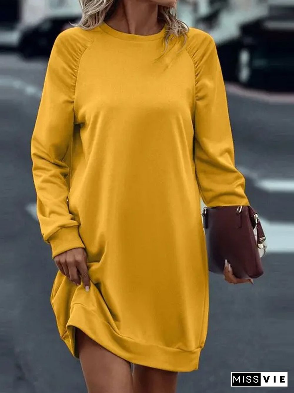 Yellow Plain Long Sleeve Mini Dress