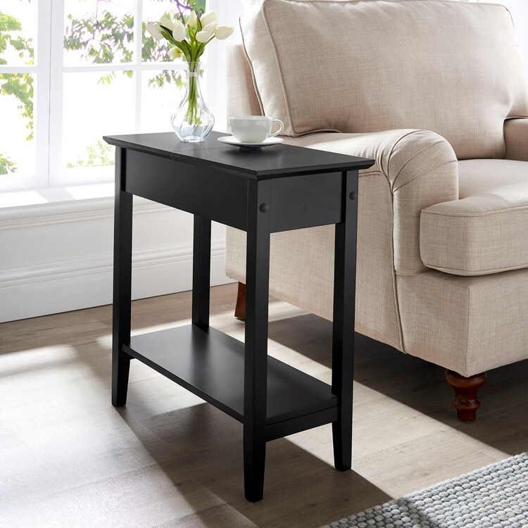 Roxy Narrow Wooden Flip Top End Table with Storage  Nesting Side Table with Storage Shelf for Small Spaces