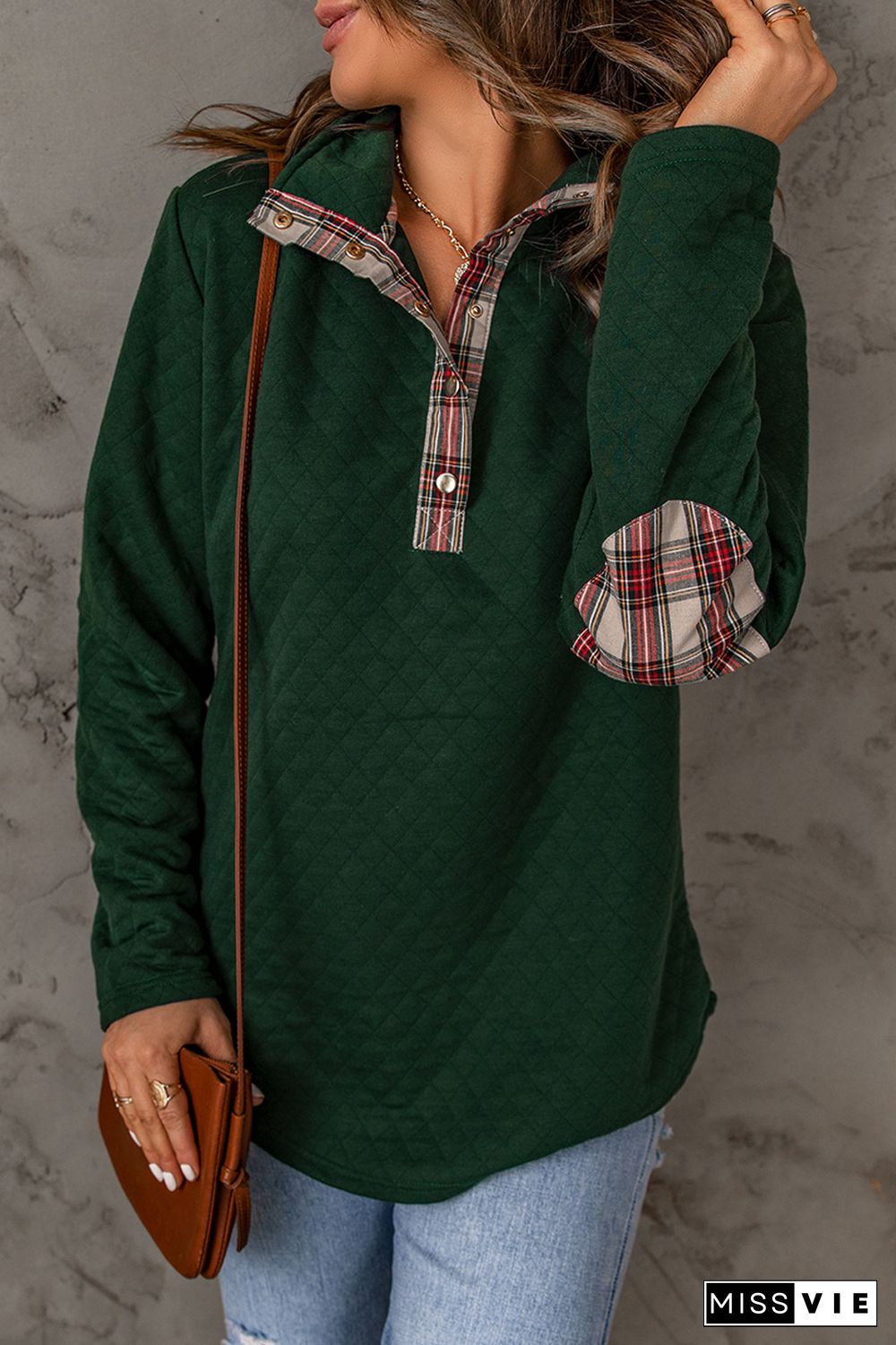 Green Geometric Texture Plaid Trim Sweatshirt