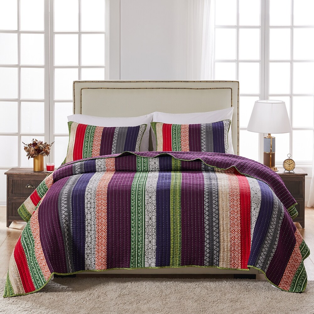 Greenland Home Fashions Marley 100% Cotton Mult Fabric Stripe Bohemian Quilt Set