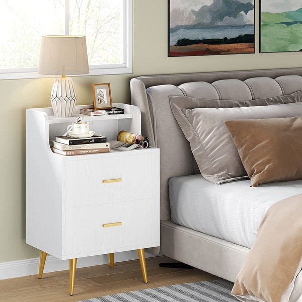 White Nightstand Modern Bedside Table with 2 Drawers