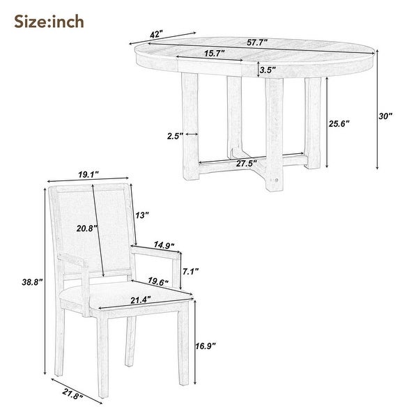 5 piece furniture set， round to oval expandable butterfly leaf dining table and 4 upholstered chairs with armrests， 5 pieces