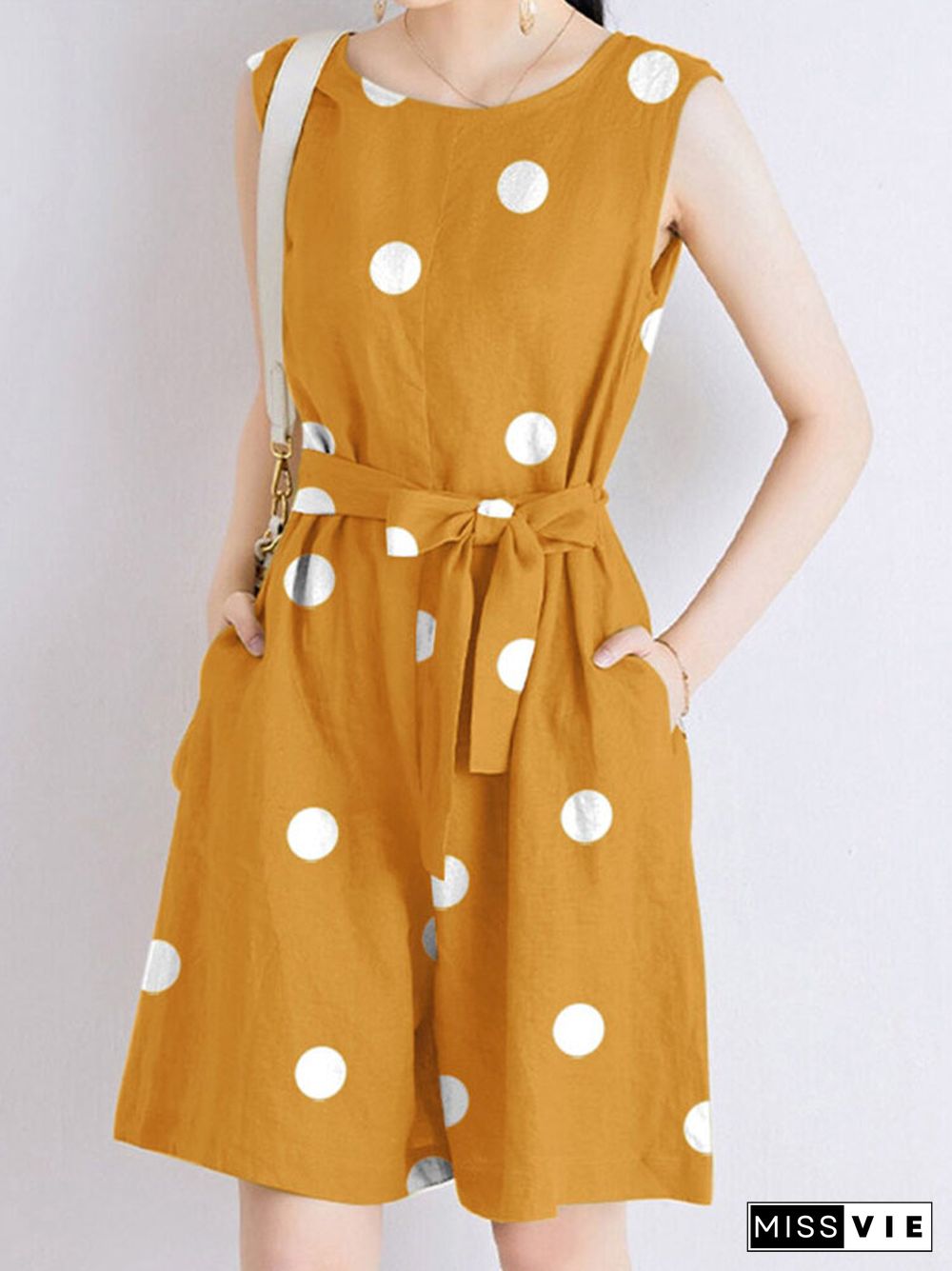 Dot Print Pocket Sleeveless Casual Romper With Belt