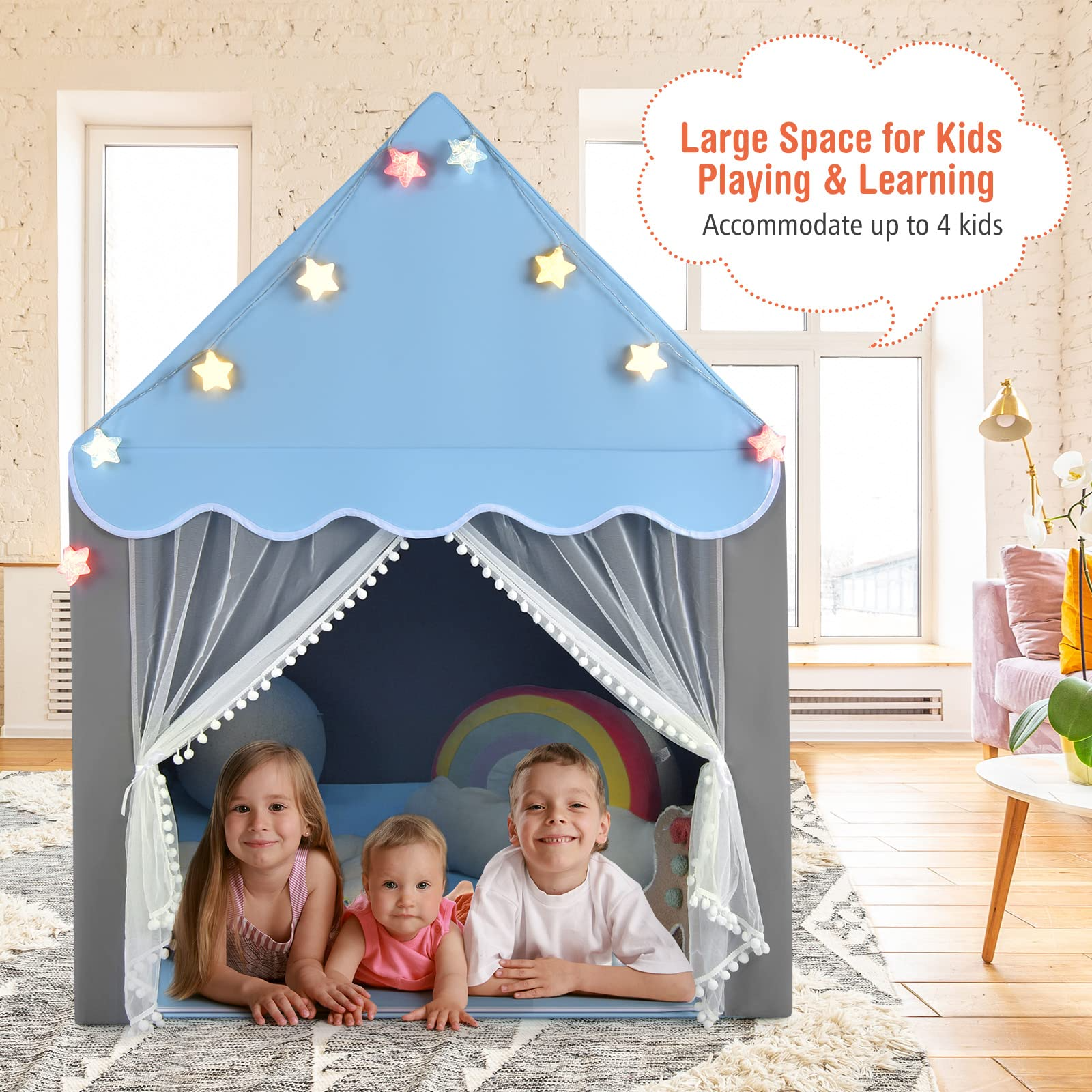 Costzon Kids Play Tent, Playhouse Tent w/ Washable Cotton Mat, Star String Lights