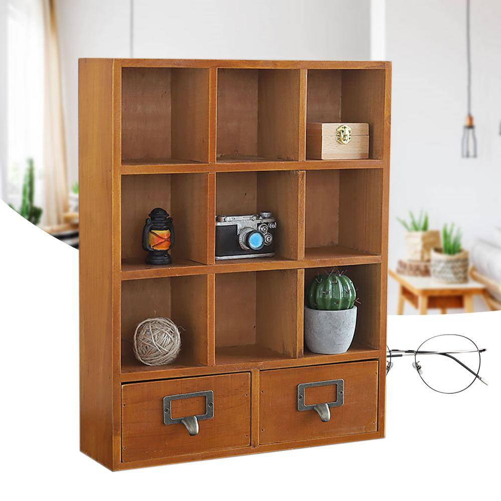 YIYIBYUS Brown Wooden Shelf with 2 Drawers Desktop Storage 9-Cube Organizer HG-HSLT-5697