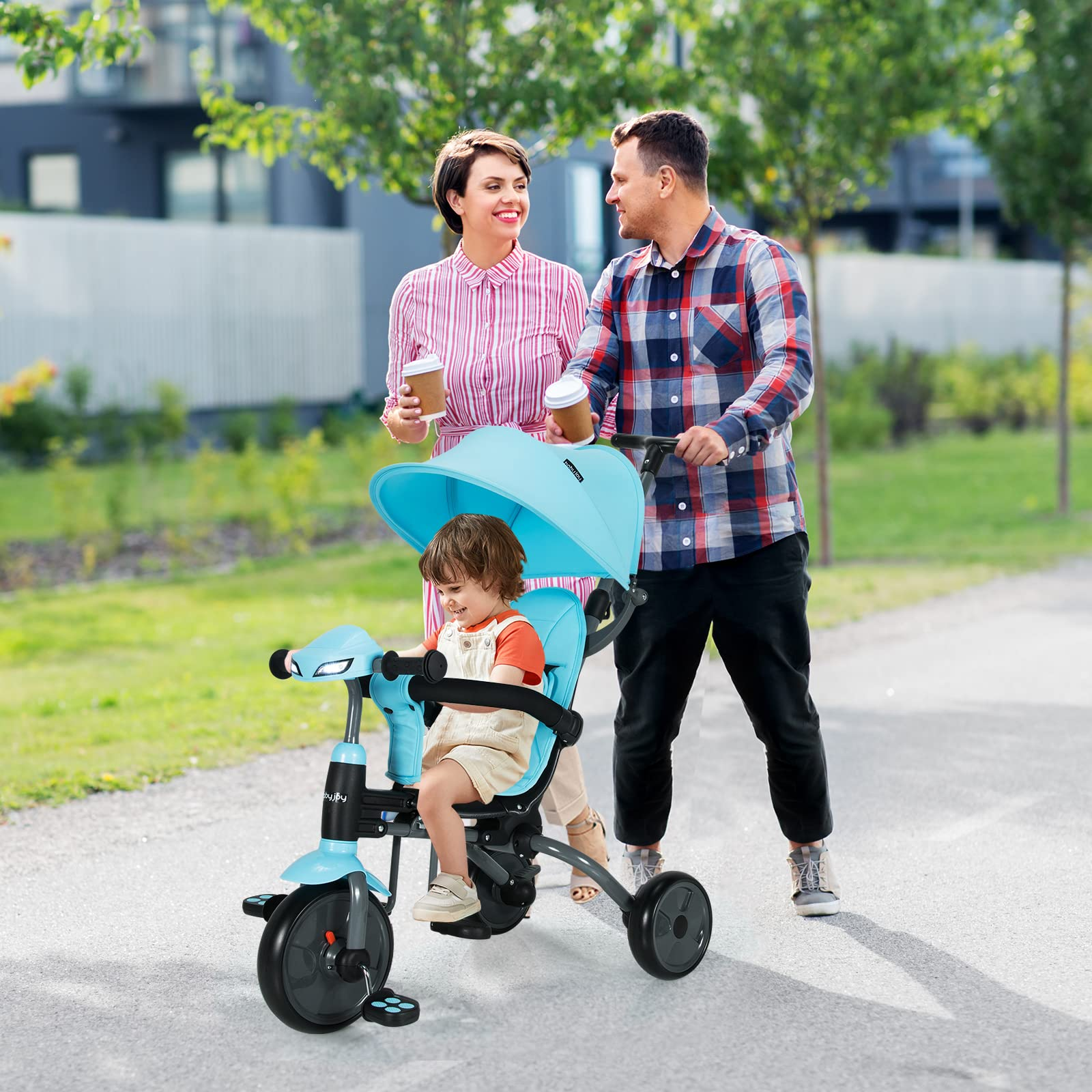 BABY JOY Toddler Tricycle, 6 in 1 Folding Tricycle W/ Adjustable Canopy & Push Handle