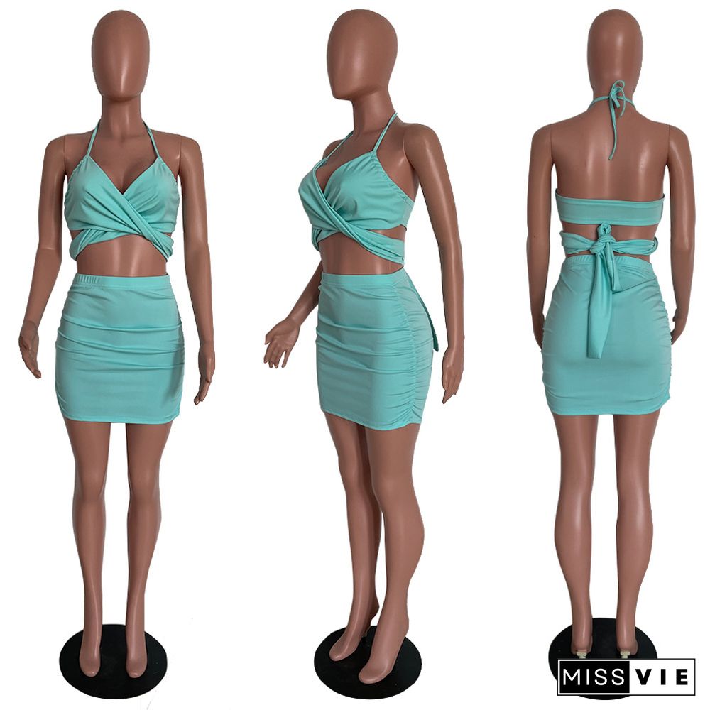 Sexy Solid Color Criss Cross Bandage Halter Crop Top Pleated Ruched Skirt Elegant Women Two Piece Set