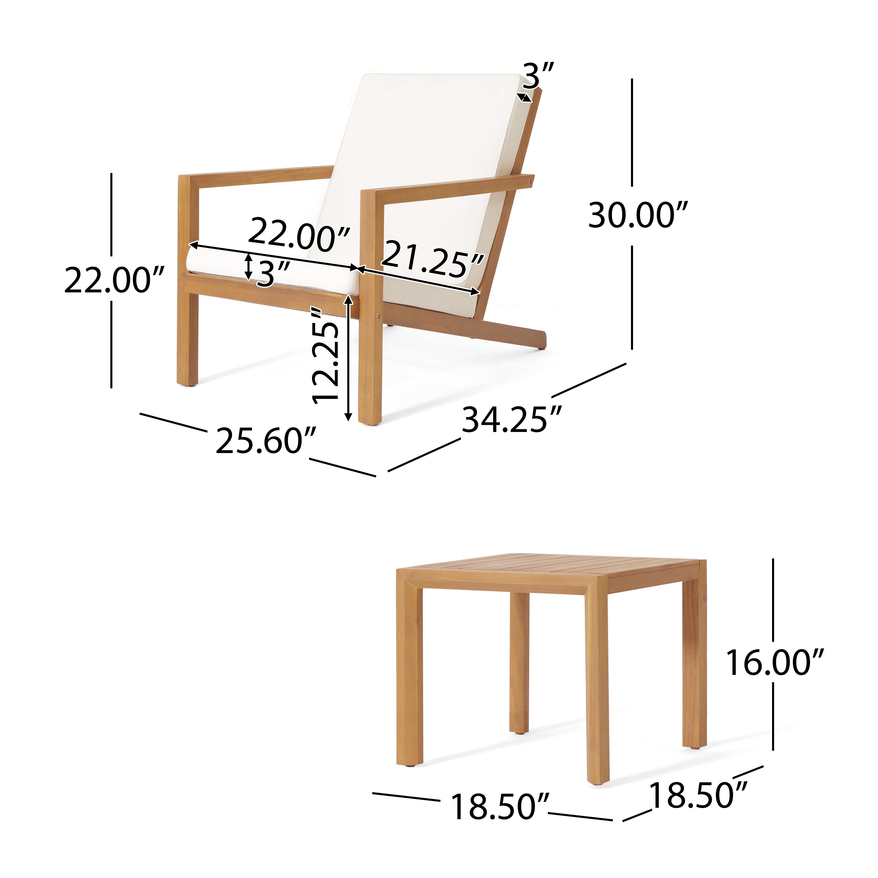 Ludwig Outdoor Acacia Wood 3 Piece Chat Set with Cushions