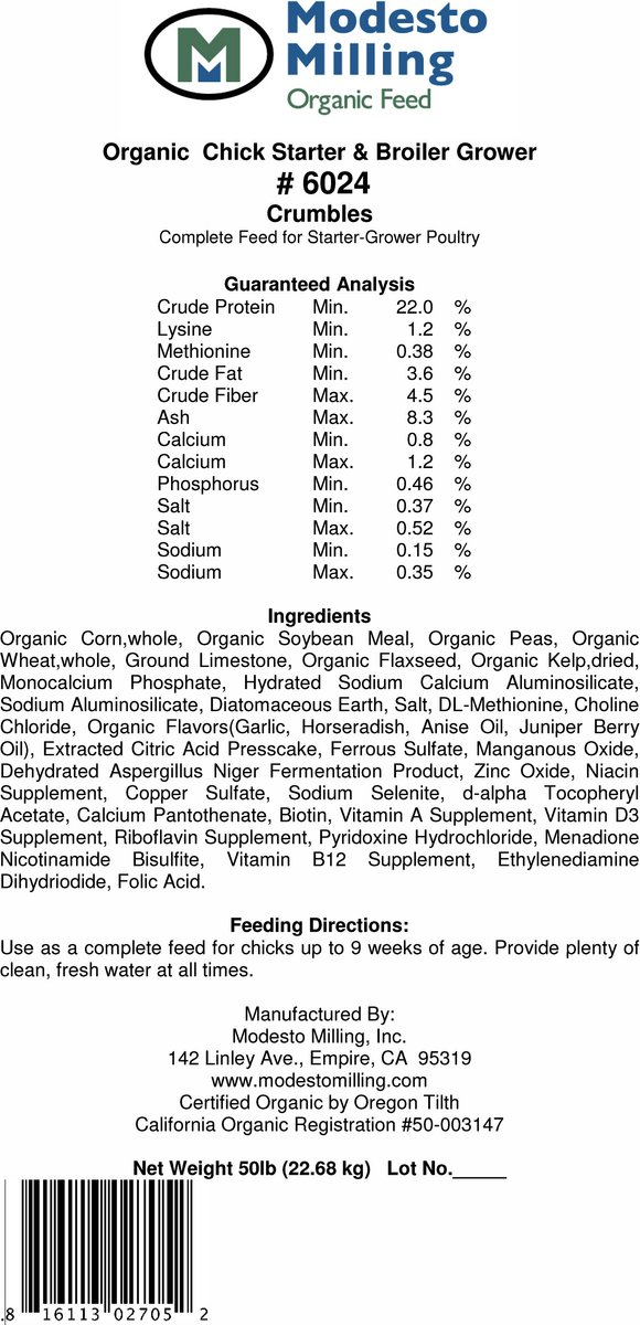 Modesto Milling Organic Chick Starter and Grower Crumbles Poultry Feed