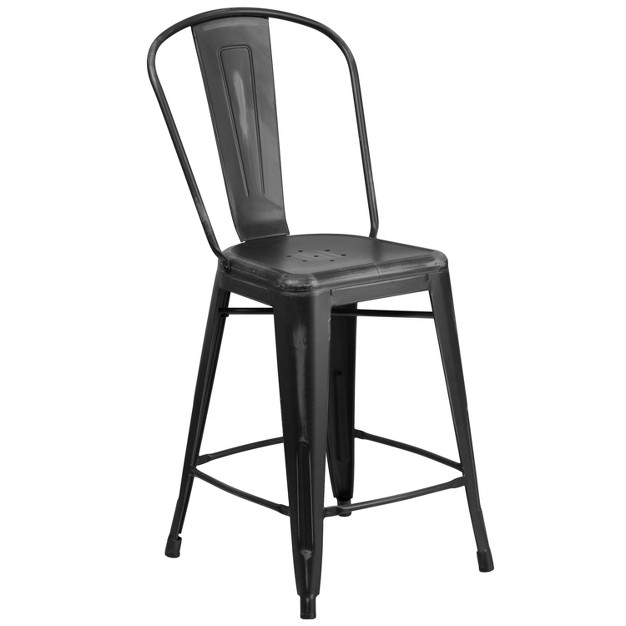 Emma And Oliver Commercial Grade 24 quot h Distressed Metal Indoor outdoor Counter Stool With Back