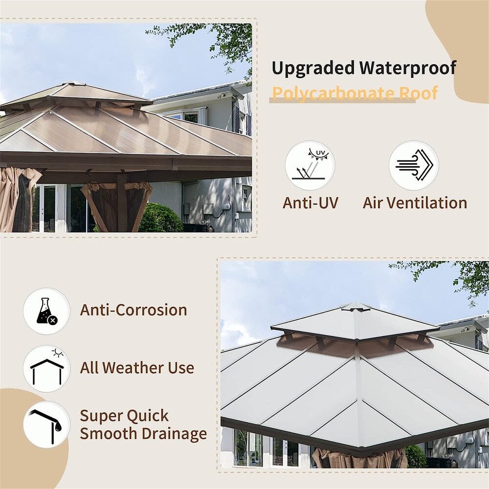 Brown 12 x 12 ft Hardtop Gazebo with Ventilated Polycarbonate Double Roof  Sturdy Aluminum Frame