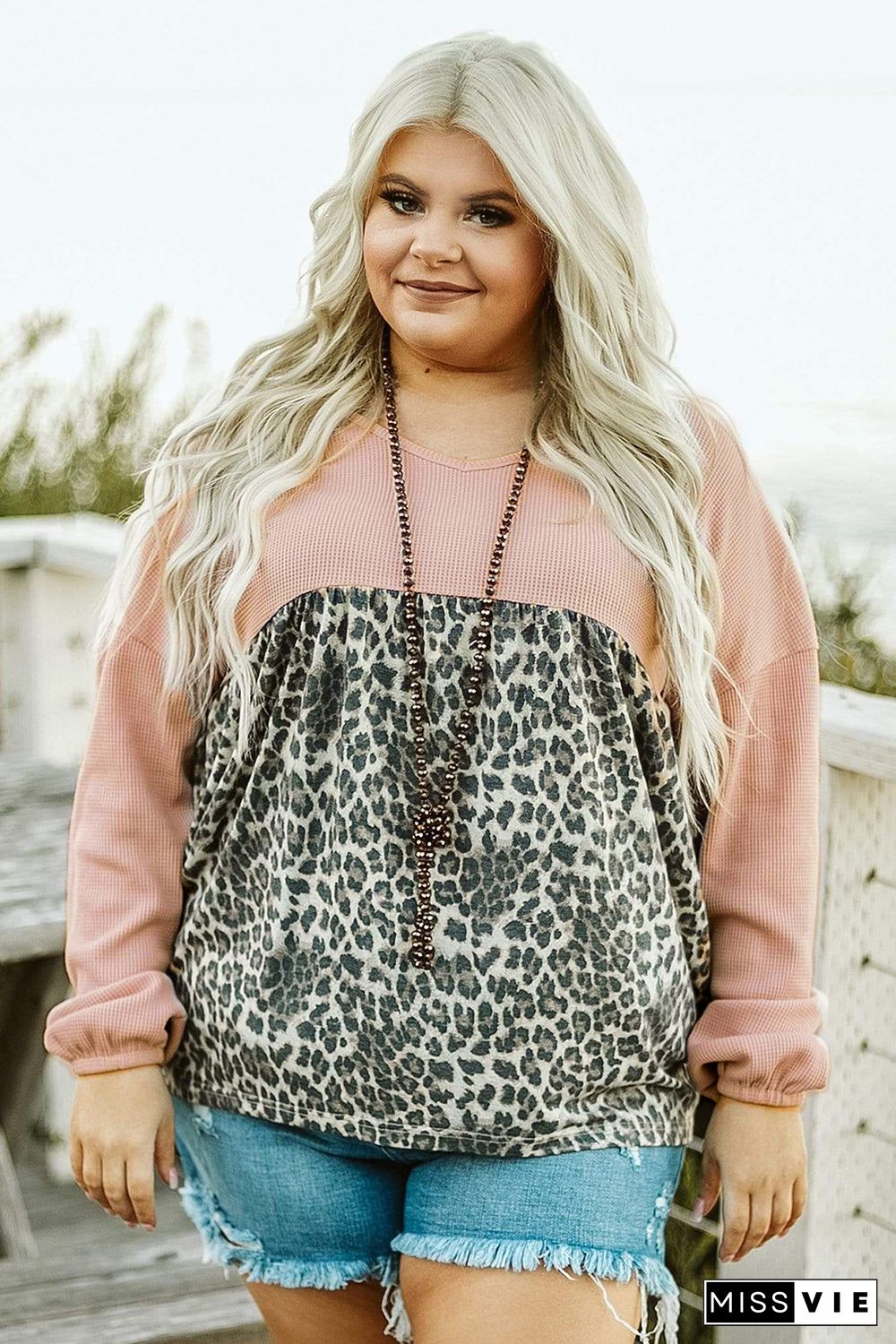 Pink V Neck Waffle Knit Leopard Splicing Plus Size Top