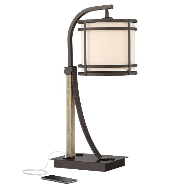 High Oil Rubbed Bronze Faux Wood Cage With Usb And Ac Power Outlet In Base Oatmeal Shade For Desk