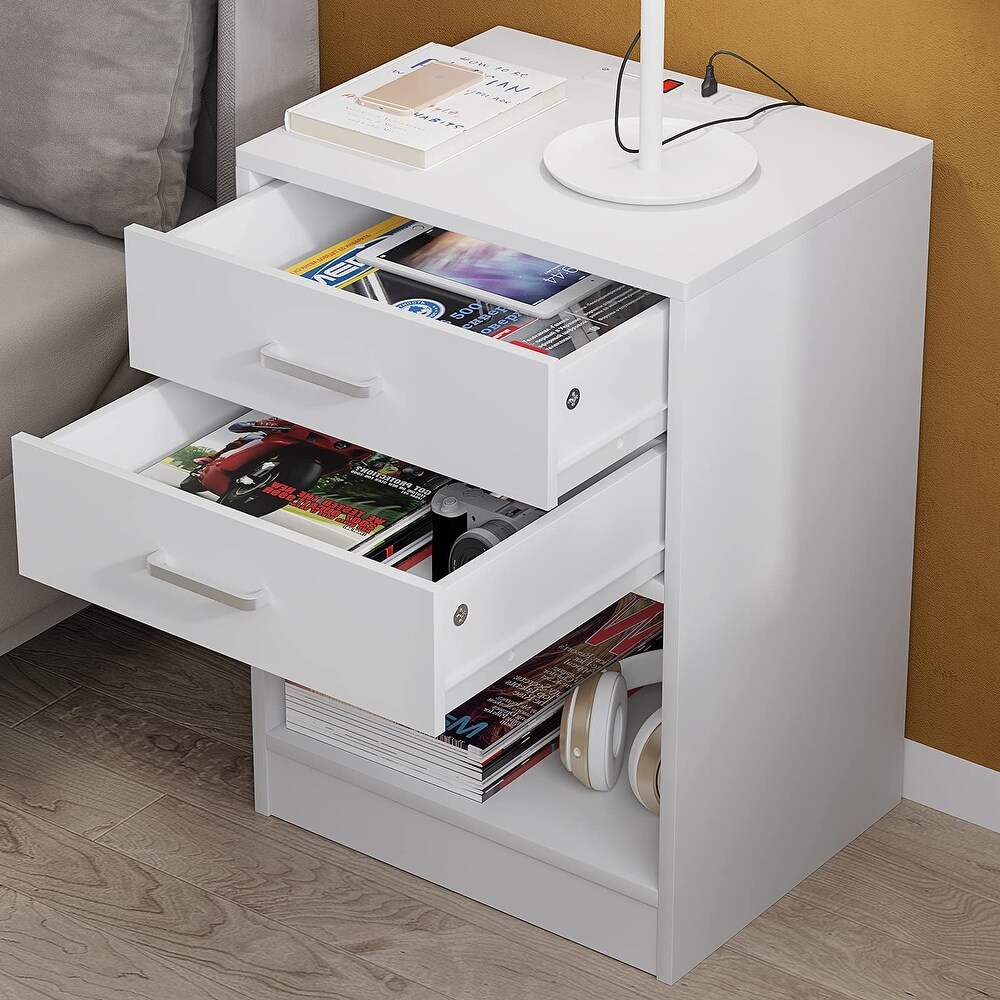 Nightstands Set of 2 White Night Stand with Charging Station   Drawers Night Stands for Bedrooms Set of 2