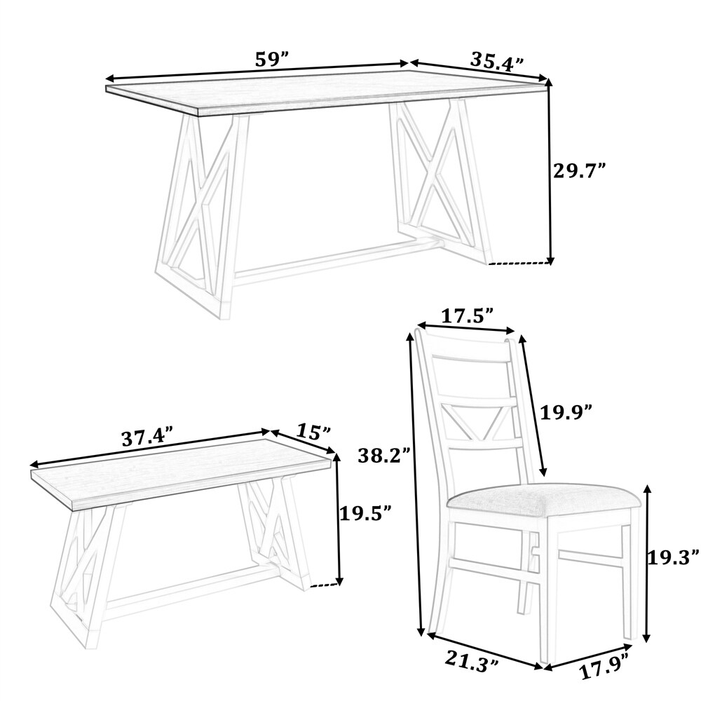 Dining Table Set with 4 Upholstered Chairs and Wood Bench（Set of 6）