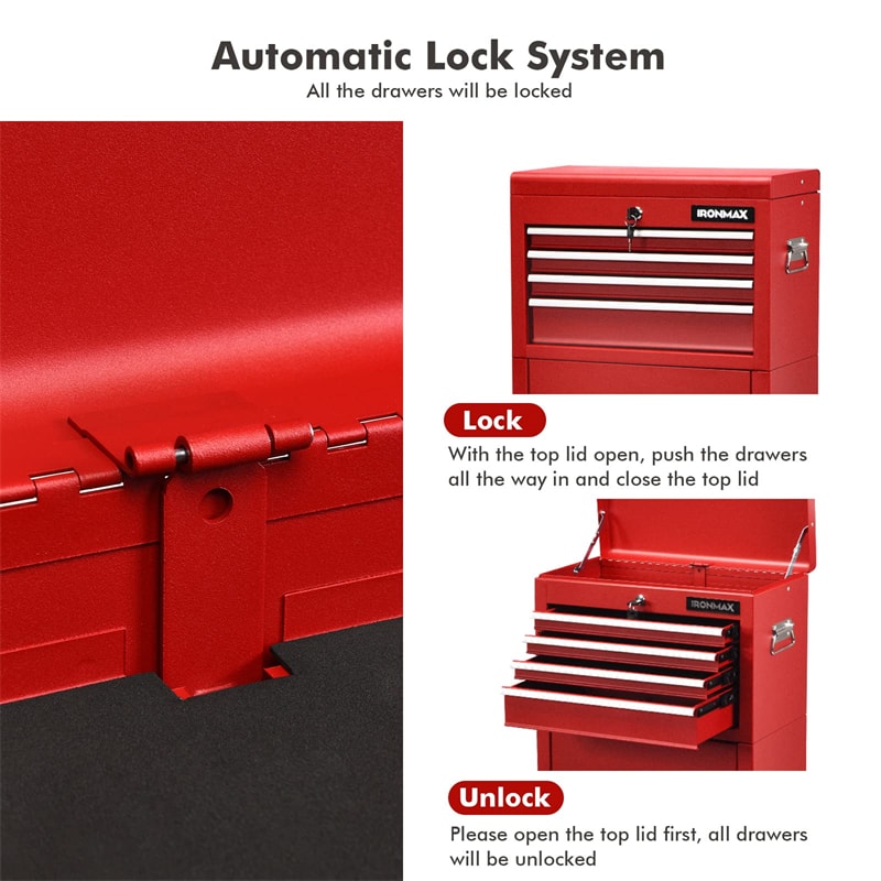 6-Drawer Rolling Tool Chest 3-in-1 Tool Storage Cabinet with Auto Locking System & Lockable Wheels