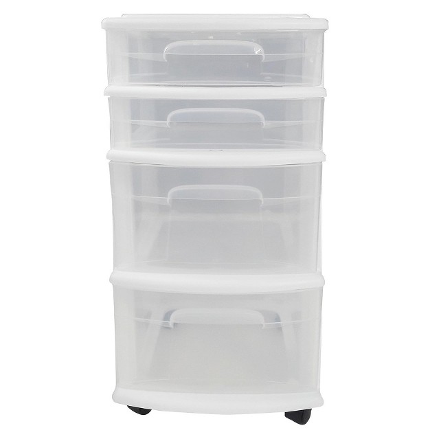 Homz Clear Plastic 4 Drawer Medium Home Organization Storage Container Tower W 2 Large And 2 Small Drawers And Removeable Caster Wheels White Frame