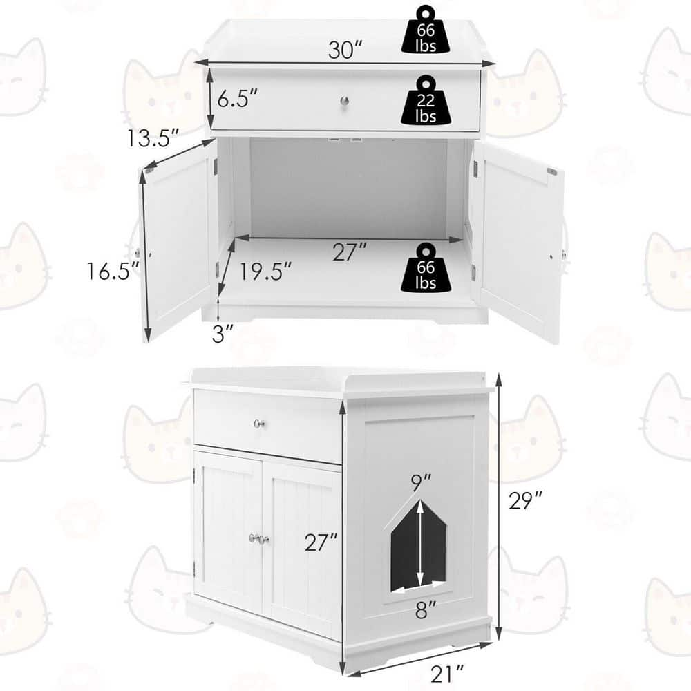 ANGELES HOME 30 in. W x 29 in. H Wood Cat Litter Box Enclosure with Drawer Side Table Furniture in White 8CK-10009PVWH