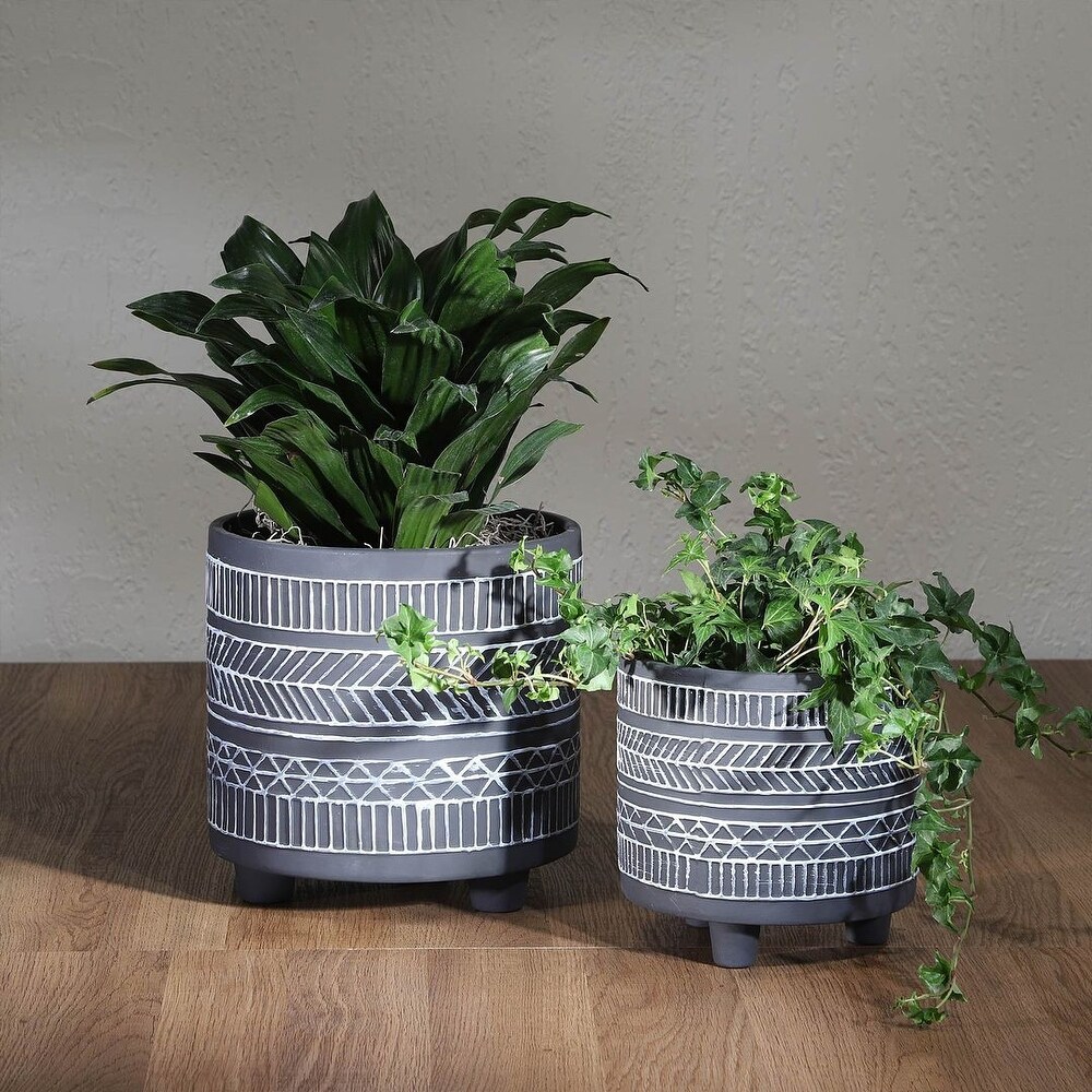 Set of 2 Black and White Tribal Footed Ceramic Outdoor Planters 8\