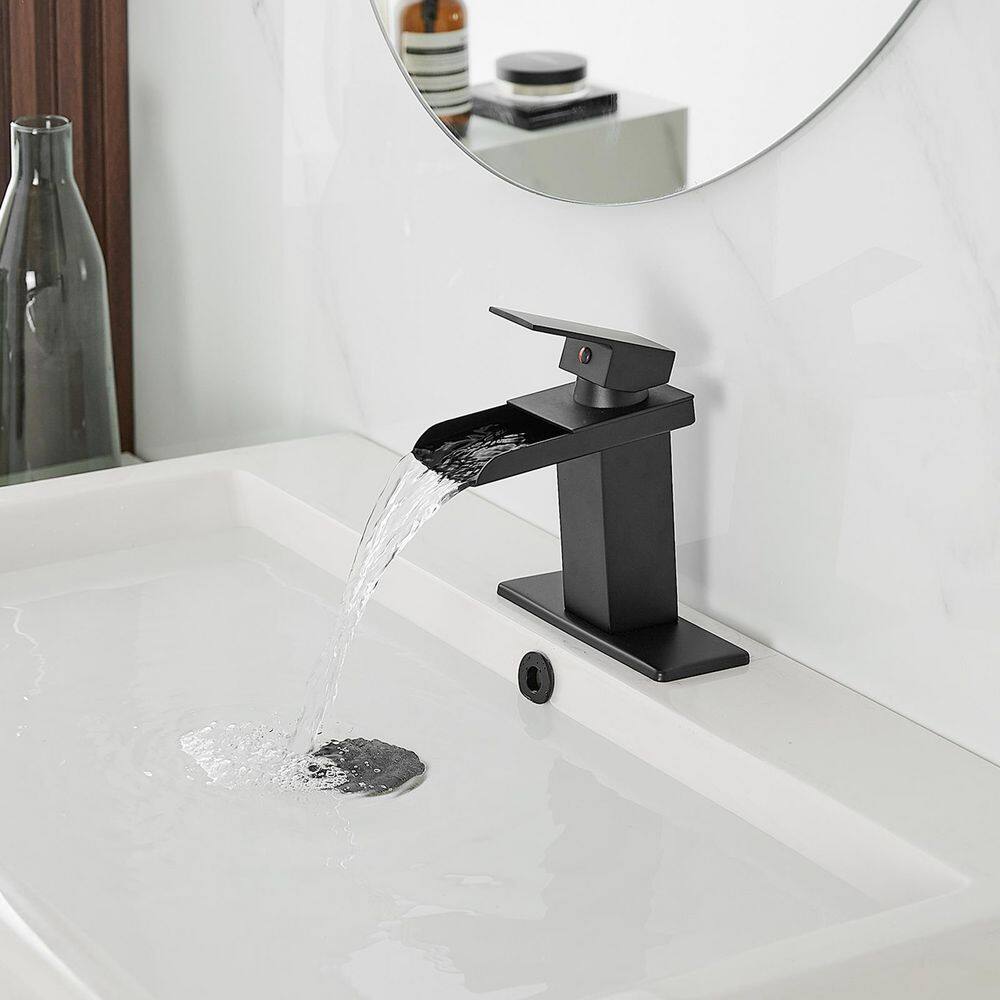 BWE Waterfall Single Hole Single-Handle Low-Arc Bathroom Faucet With Pop-up Drain Assembly in Matte Black A-96009-Black