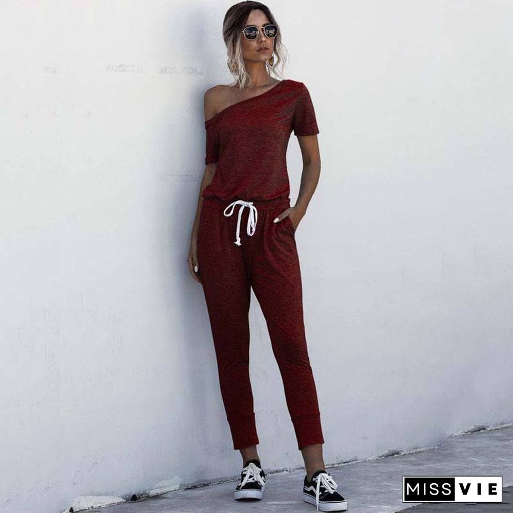 Red One Shoulder Jumpsuit Summer Rompers Womens Jumpsuit Long Female Romper Short Sleeve Lace Up Overalls For Women Pocket