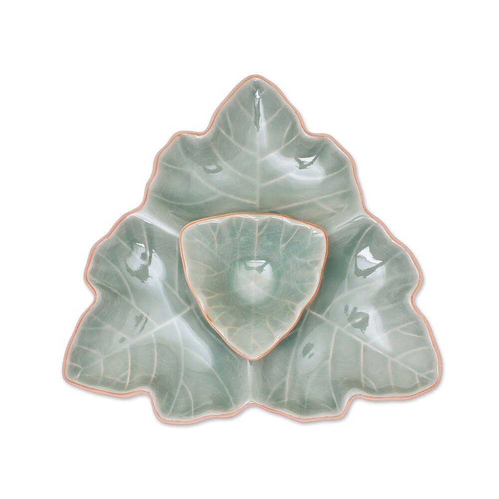 Novica Handmade Maple Leaf Celadon Ceramic Appetizer Dishes (Pair)