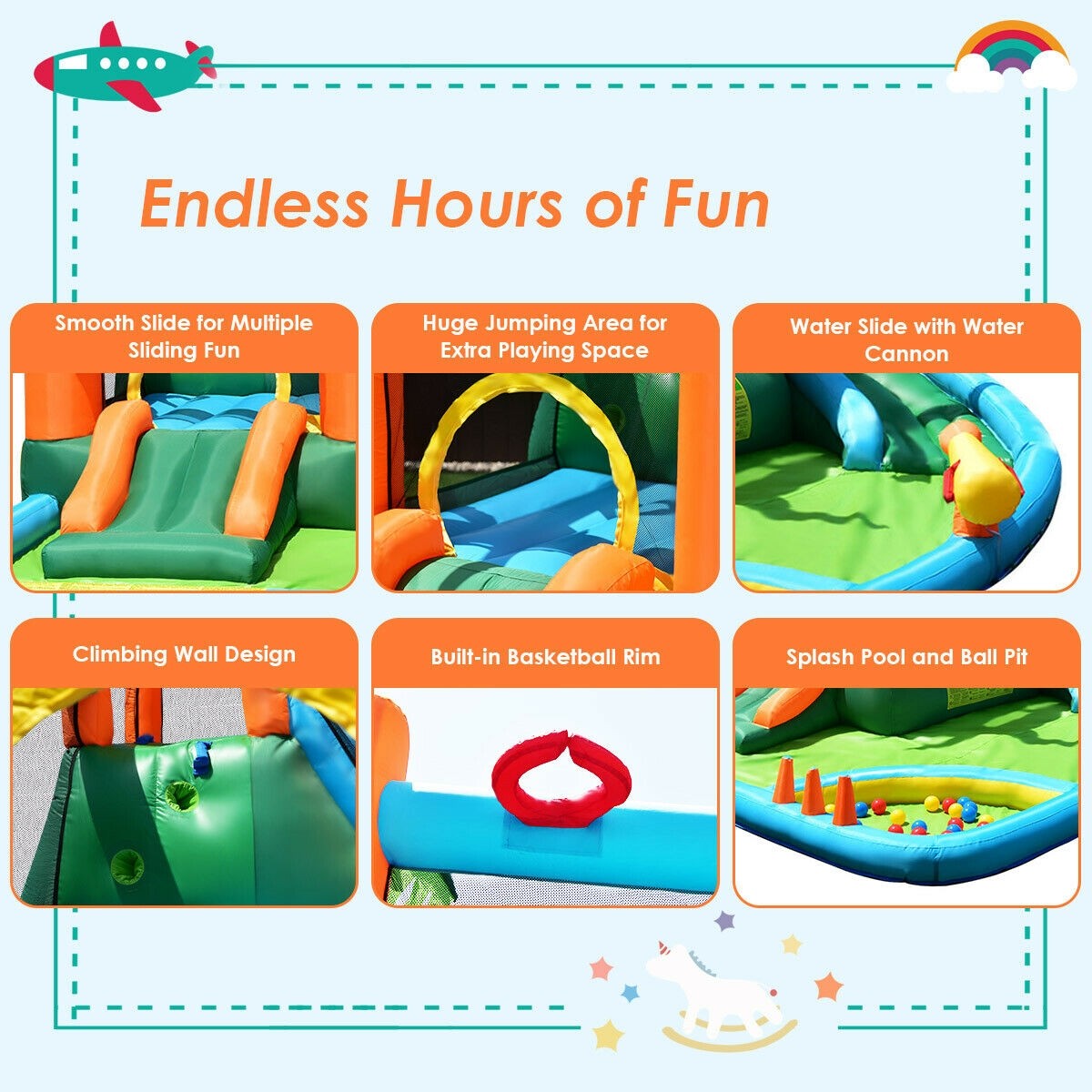 Multiple Play Areas 7 in 1 Jungle Water Park w/ Two Slides & Jumping Area