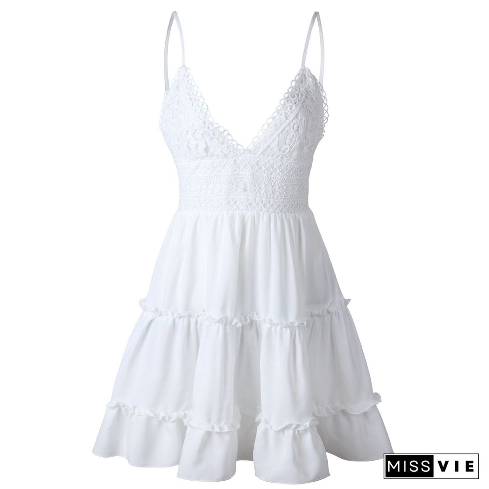 Women Lace Sexy Backless V-neck Beach Dresses Sleeveless Mini Sundress White Dresses