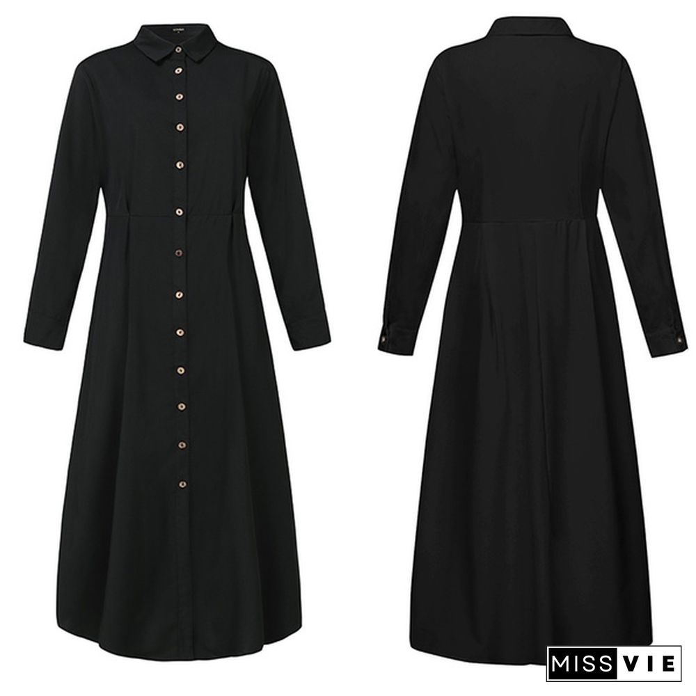 Plus Size Women Buttons Front Shirt Dress Long Sleeve Formal Long Dress Ladies Office Cardigan