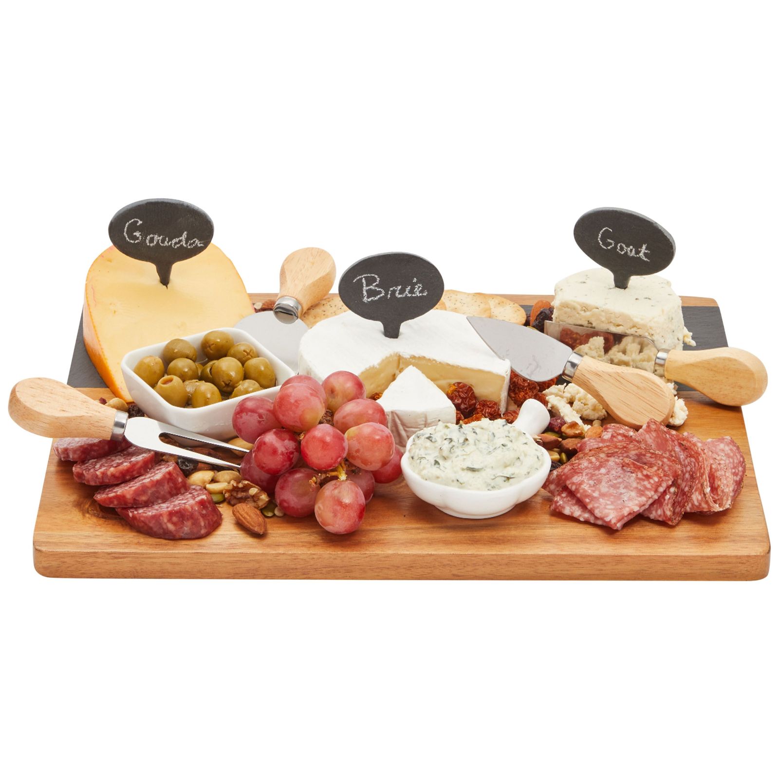 9 Pieces Wooden Cheese Charcuterie Board with Slate Inlay， 4-Piece Knife Set， 3 Signs， 14 x 11 inches