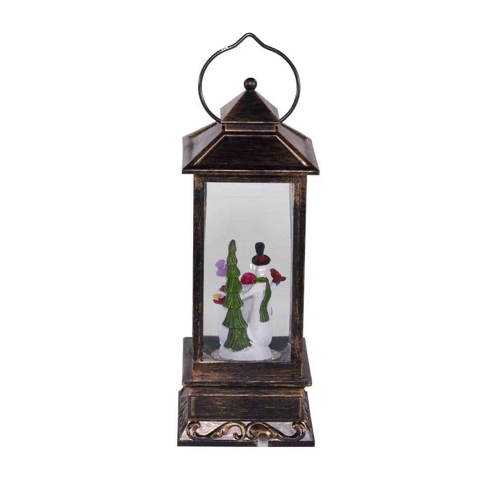 Alpine Corporation 11 in. Tall Lantern Snowman Snow Globe Holiday Decor, Bronze QVA126BZ