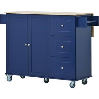 Aoibox Dark Blue Solid Wood Top 52.7 in. W Rolling Mobile Kitchen Island with Drop Leaf Locking Wheels and Storage Cabinet SNSA11IN015