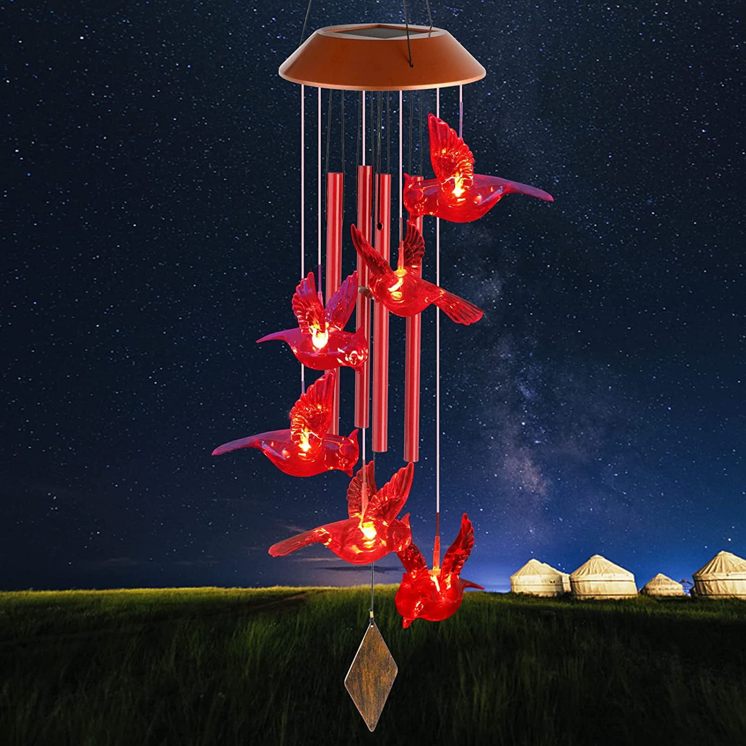 Kyoryuger Solar Cardinal hanging Wind Chimes， Solar Powered Cardinal LED Light，for Outdoor Indoor decor(Red Cardinal）