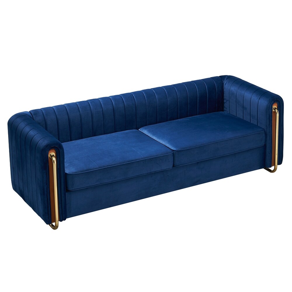 Velvet Low back Tufted Sofa Couch with Removable Cushions  4 Seater Round Arm Sofa with Metal Legs  Living Room Furniture