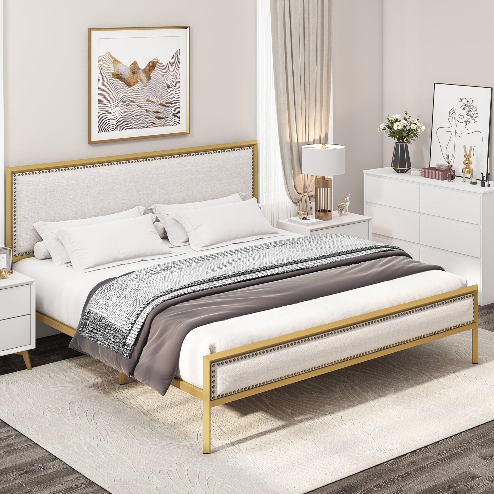 Homfa Queen Size Bed Frame, Modern Metal Framed Bed with Button Linen Tufted Upholstered Headboard, Wooden Slat Support, Sliver