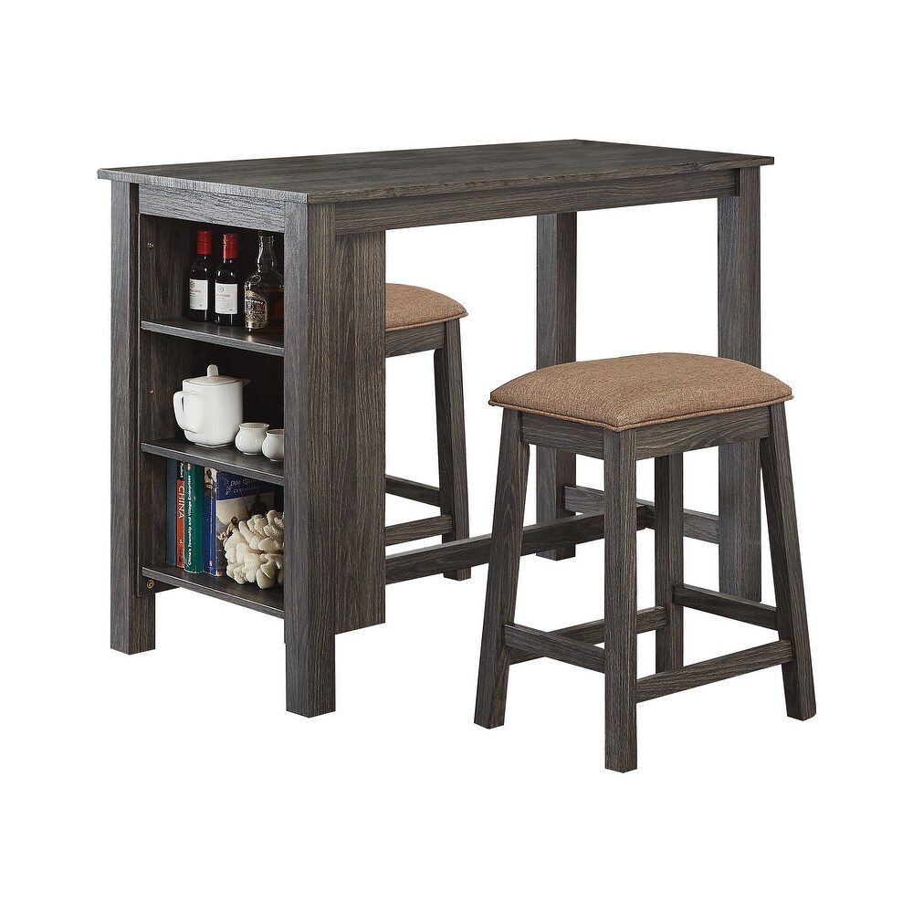 GTU Furniture 3 piece Grey/Black Counter High Bar Set Includes Storage Table and Two Backless Barstools with Frbaic Seat