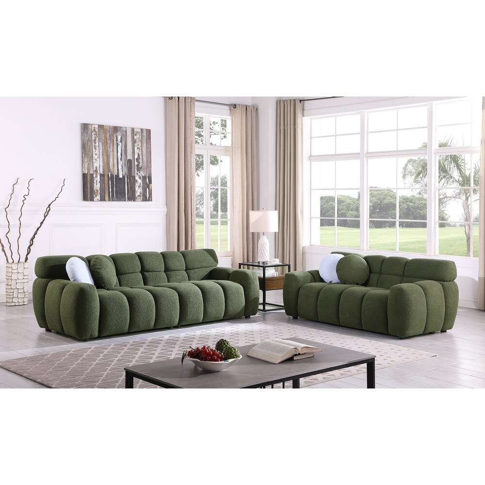 2pc Marshmallow Sofa Sets with Pillows  2+3 Seater Olive Green Boucle Upholstered Deep Seat Straight Row Couch for Living Room